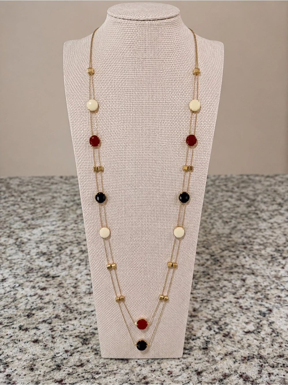 NY & Company Gold Tone Double Layer Station Necklace Red Black Ivory Enamel Bead - Picture 2 of 4